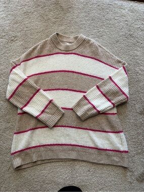 American Eagle Outfitters Beige, White & Pink Striped Crewneck Sweater